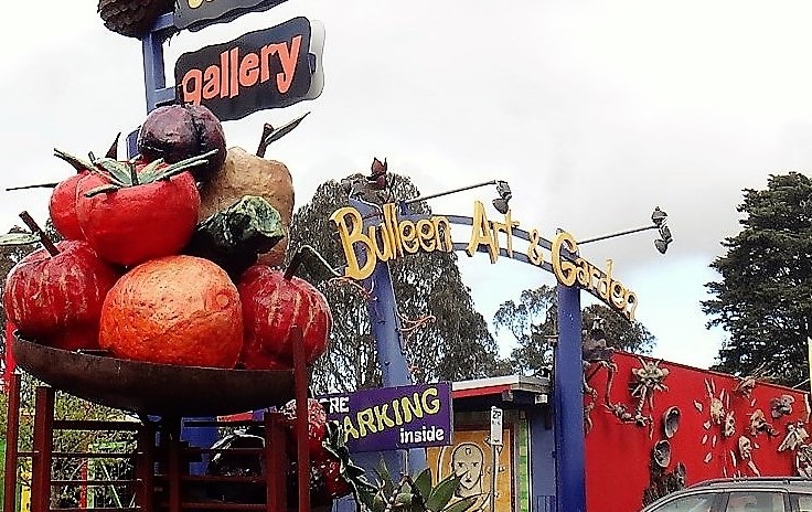 Front of BAAG with Still Life I sculpture by Lachlan Plain, signage by Justin Purser, mural by Meredith Plain